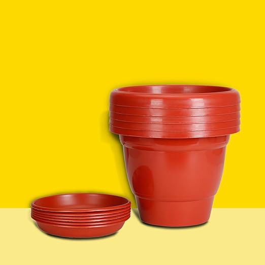 PLASTIC POT WITH BOTTOM PLATES  8 INCH RED (PACK OF 5 PCS)