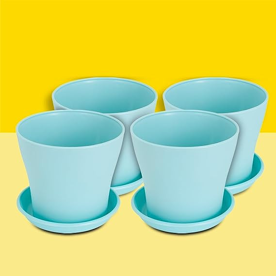 PLASTIC POT WITH BOTTOM PLATES SKY BLUE (PACK OF 4 )