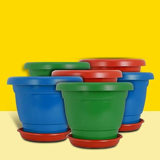 PLASTIC POT WITH TRAYS  12 INCH MULTICOLOR (PACK OF 6 PCS)