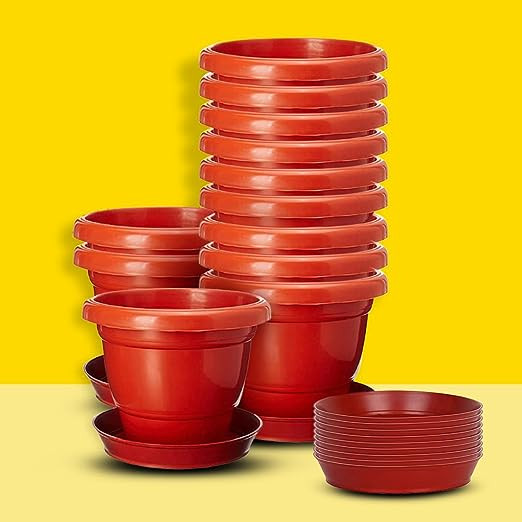 PLASTIC POT WITH BOTTOM PLATES  8 INCH RED (PACK OF 12 PCS)