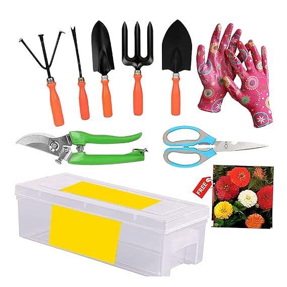 GARDENING TOOLS KIT -10 PCS (CULTIVATOR, FORK, TROWELS, WEEDER, GARDEN GLOVES, PRUNER CUTTER , SCISSORS , FREE FLOWER SEEDS PACKET ,TOOLBOX