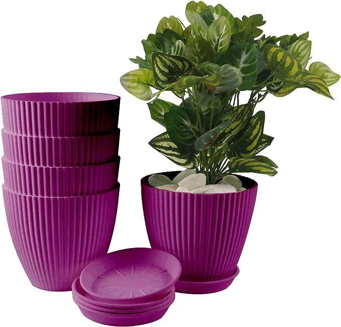 PLASTIC POT WITH TRAYS PURPLE 8 INCH (PACK OF 4 PC)
